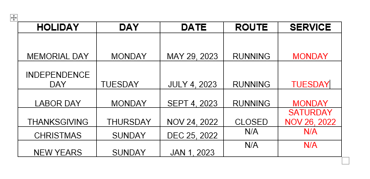 Holiday Schedule 2023